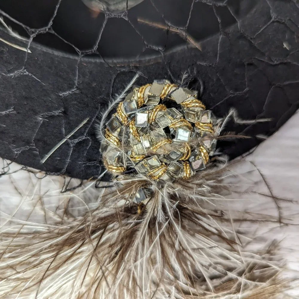Vintage Merrimac 100% Black Wool Hat with Feathers and Jeweled Accent - Picture 10 of 10